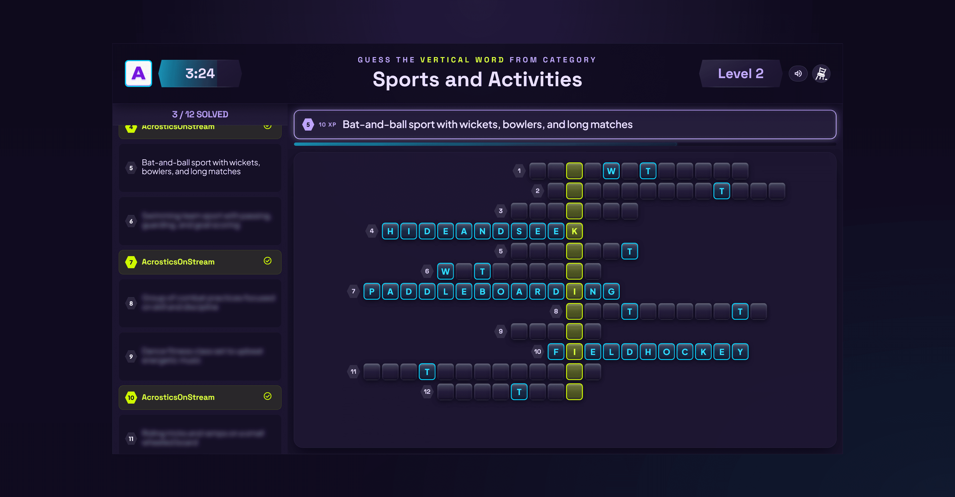 Acrostics on Stream gameplay showing Twitch chat solving a puzzle